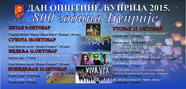 Програм прославе Дана општине Ћуприја