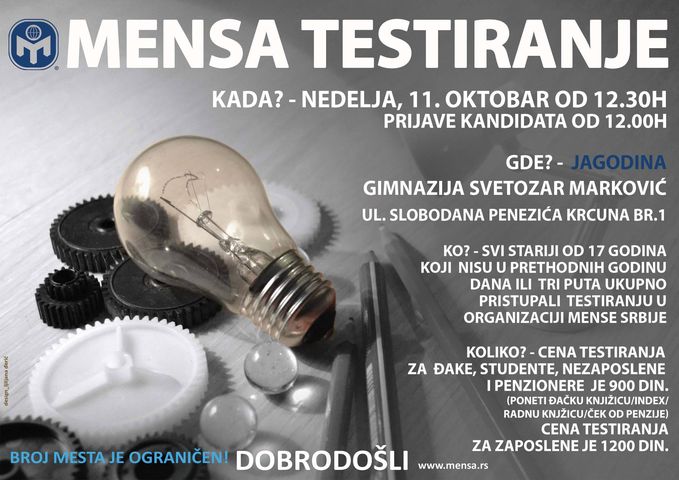 МЕНСА ТЕСТ ИНТЕЛИГЕНЦИЈЕ ЗА ПОМОРАВСКИ ОКРУГ 11. ОКТОБРА